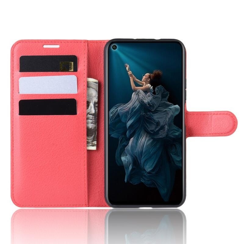 Litchi PU kožené peňaženkové puzdro na mobil Honor 20 Pro - červené