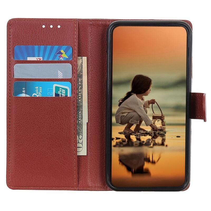 Litchi PU kožené peňaženkové puzdro na mobil Huawei Nova Y90 - hnedé