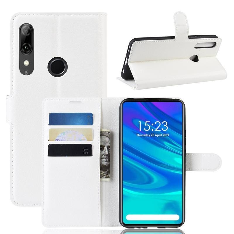 Litchi PU kožené peněženkové puzdro na mobil Huawei P Smart Z/Honor 9X - biele