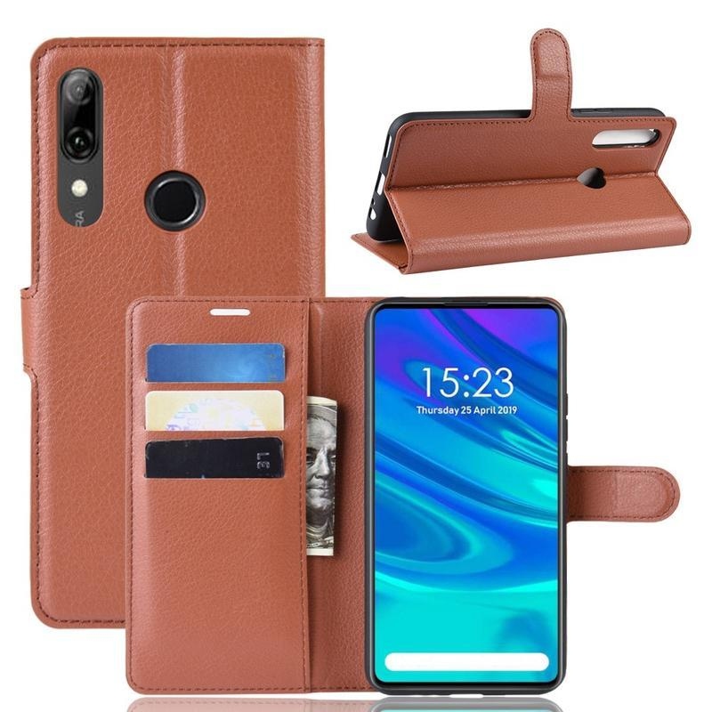 Litchi PU kožené peněženkové puzdro na mobil Huawei P Smart Z/Honor 9X - hnedé