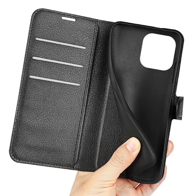 Litchi PU kožené peňaženkové puzdro na mobil iPhone 14 Pro 6.1 - čierne