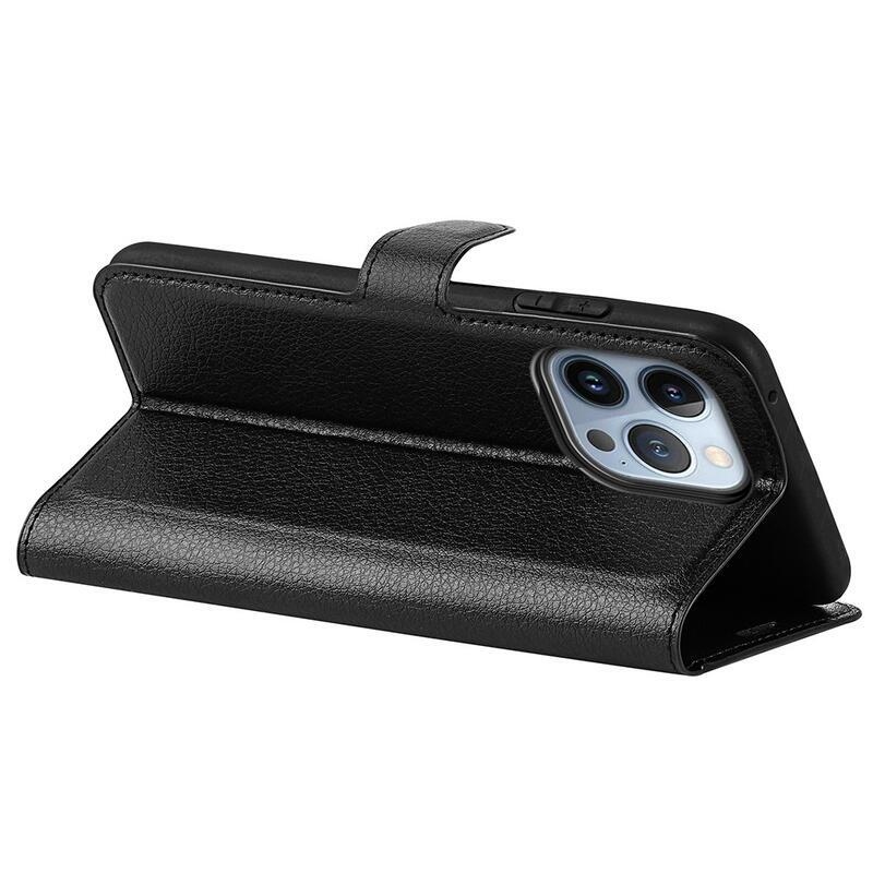 Litchi PU kožené peňaženkové puzdro na mobil iPhone 14 Pro 6.1 - čierne