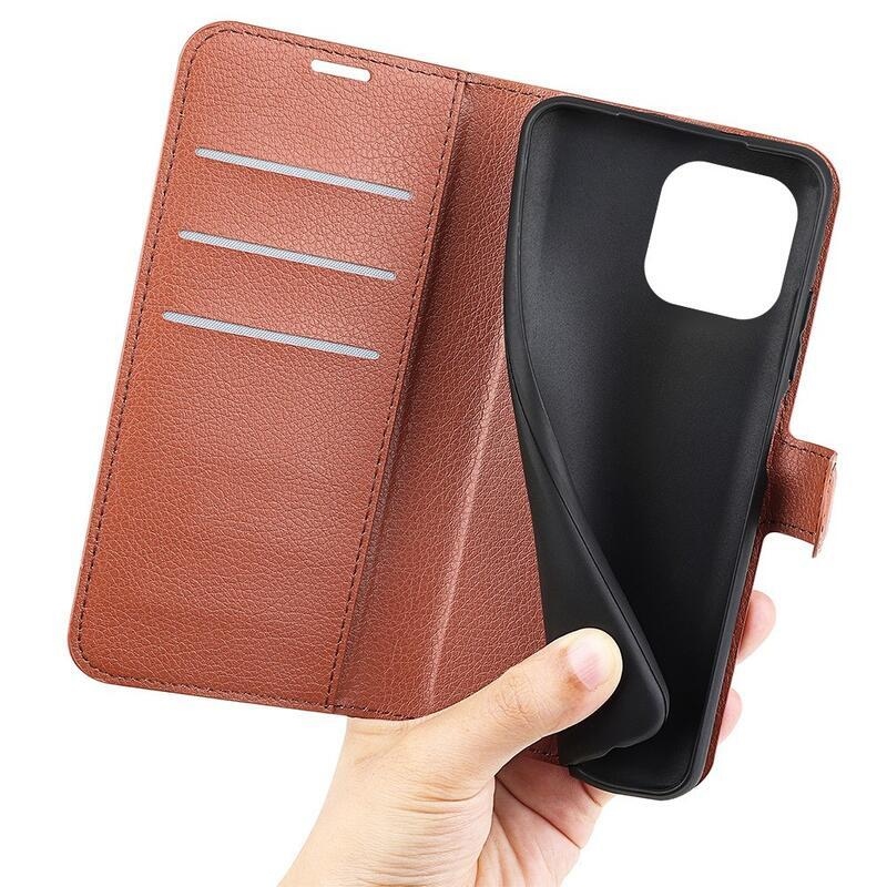 Litchi PU kožené peňaženkové puzdro na mobil iPhone 14 Pro 6.1 - hnedé