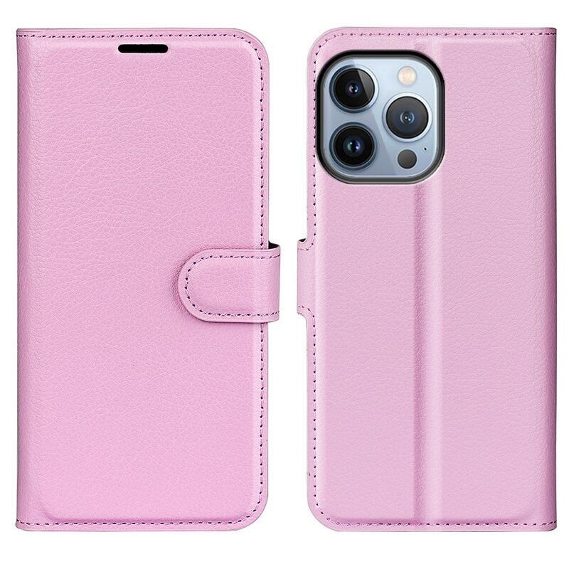Litchi PU kožené peňaženkové puzdro na mobil iPhone 14 Pro 6.1 - ružové