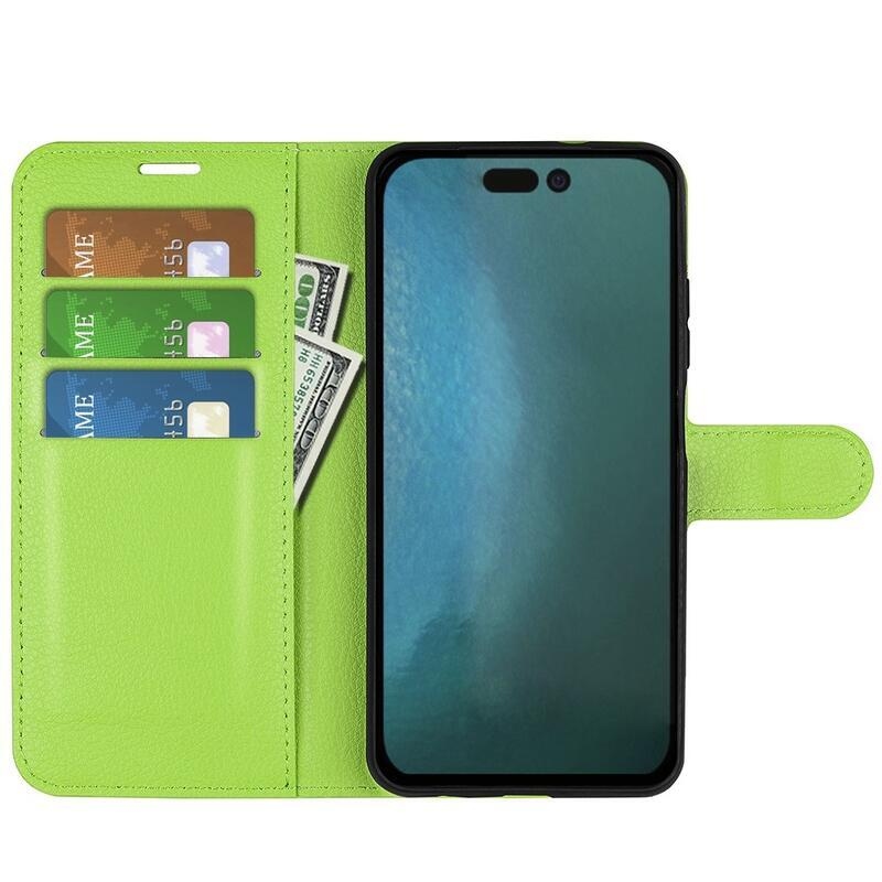 Litchi PU kožené peňaženkové puzdro na mobil iPhone 14 Pro 6.1 - zelené