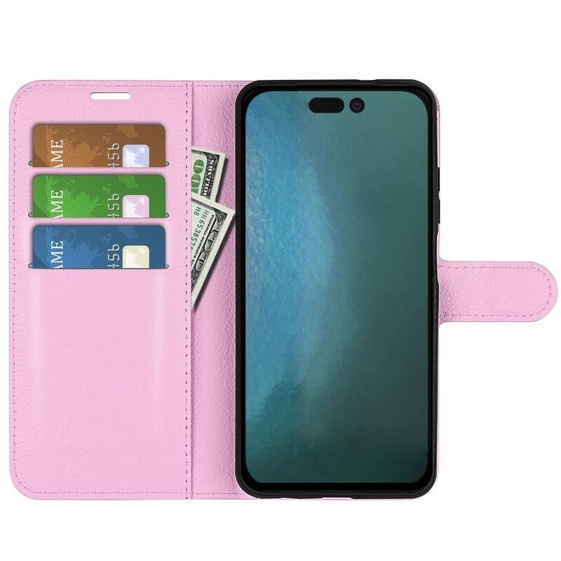 Litchi PU kožené peňaženkové púzdro na mobil iPhone 14 Pro Max 6.7 - ružové