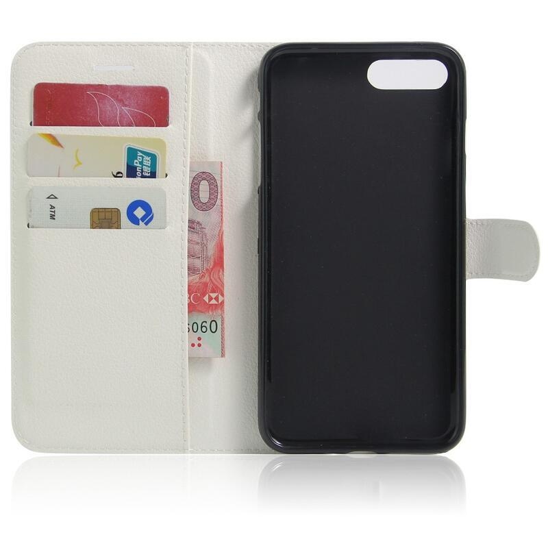 Litchi PU kožené peněženkové puzdro na mobil iPhone 8 Plus / 7 Plus - biele