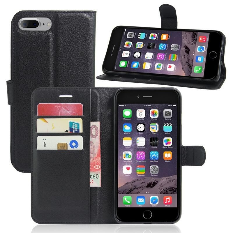 Litchi PU kožené peněženkové puzdro na mobil iPhone 8 Plus / 7 Plus - čierne