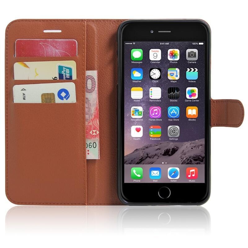 Litchi PU kožené peněženkové puzdro na mobil iPhone 8 Plus / 7 Plus - hnedé