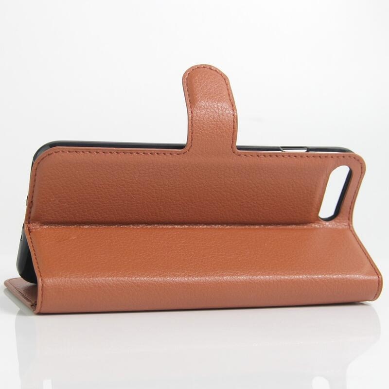 Litchi PU kožené peněženkové puzdro na mobil iPhone 8 Plus / 7 Plus - hnedé