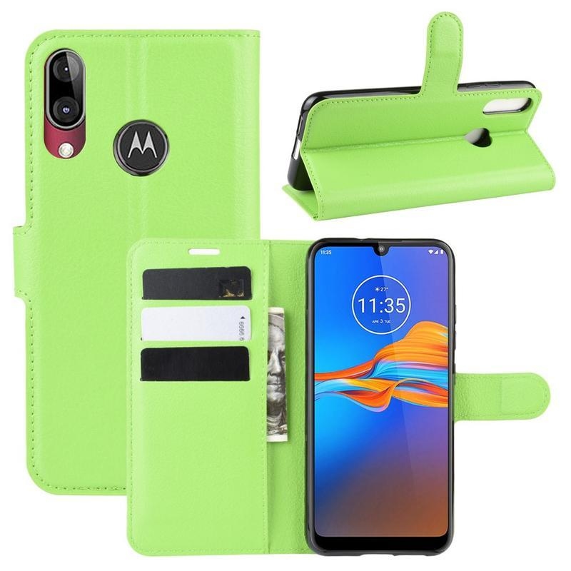 Litchi PU kožené peněženkové puzdro na mobil Motorola Moto E6 Plus - zelené