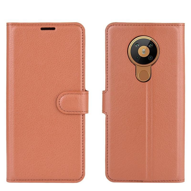 Litchi PU kožené peněženkové puzdro na mobil Nokia 5.3 - hnedé