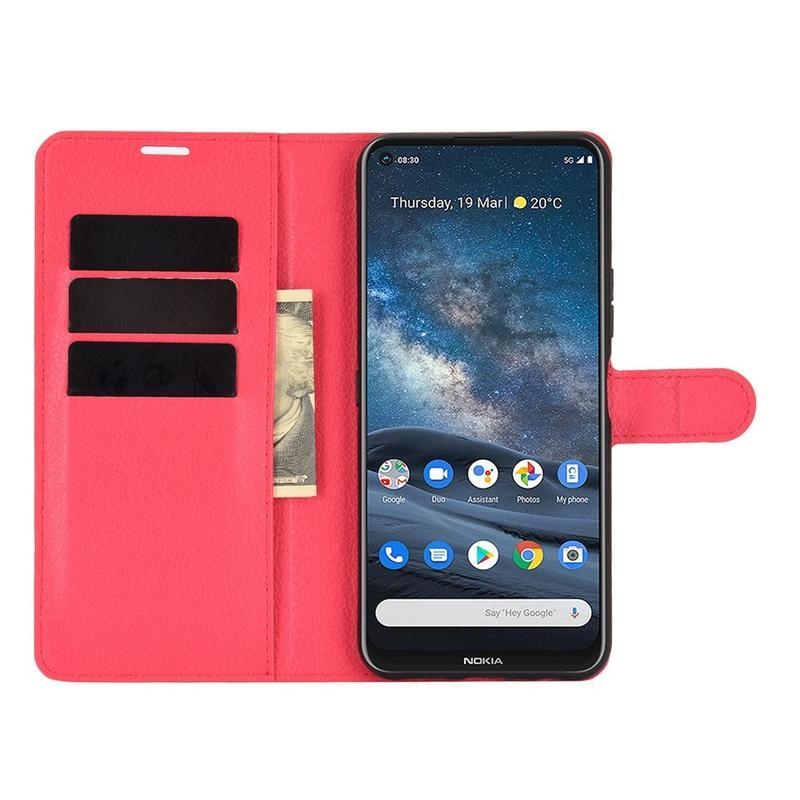 Litchi PU kožené peněženkové puzdro na mobil Nokia 8.3 5G - červené
