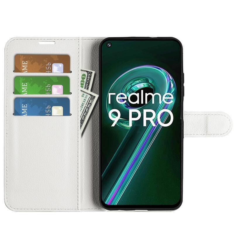 Litchi PU kožené peňaženkové púzdro na mobil Realme 9 Pro 5G - biele