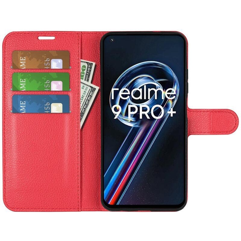 Litchi PU kožené peněženkové pouzdro na mobil Realme 9 Pro+ 5G - červené