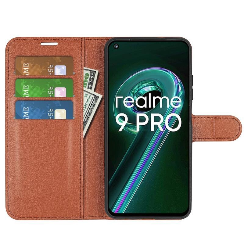 Litchi PU kožené peňaženkové púzdro na mobil Realme 9 Pro 5G - hnedé