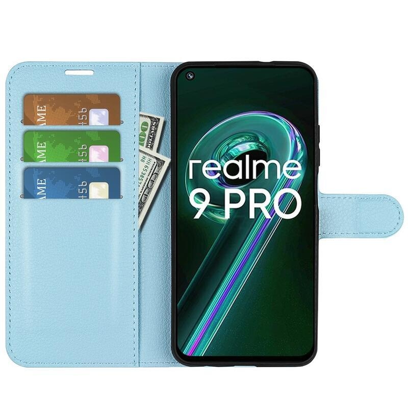 Litchi PU kožené peňaženkové púzdro na mobil Realme 9 Pro 5G - modré