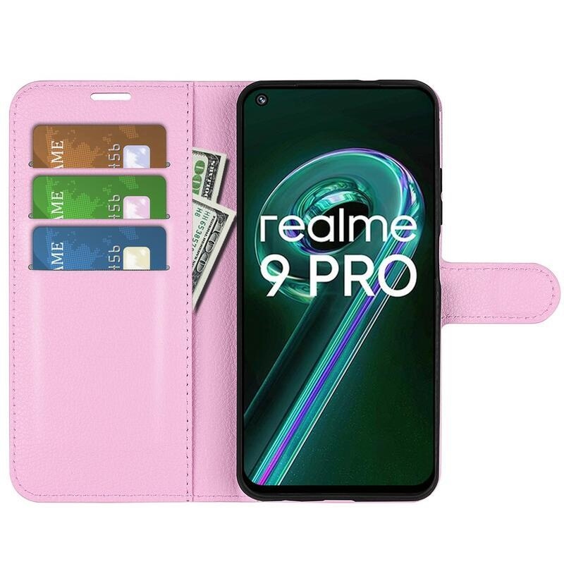 Litchi PU kožené peňaženkové púzdro na mobil Realme 9 Pro 5G - ružové