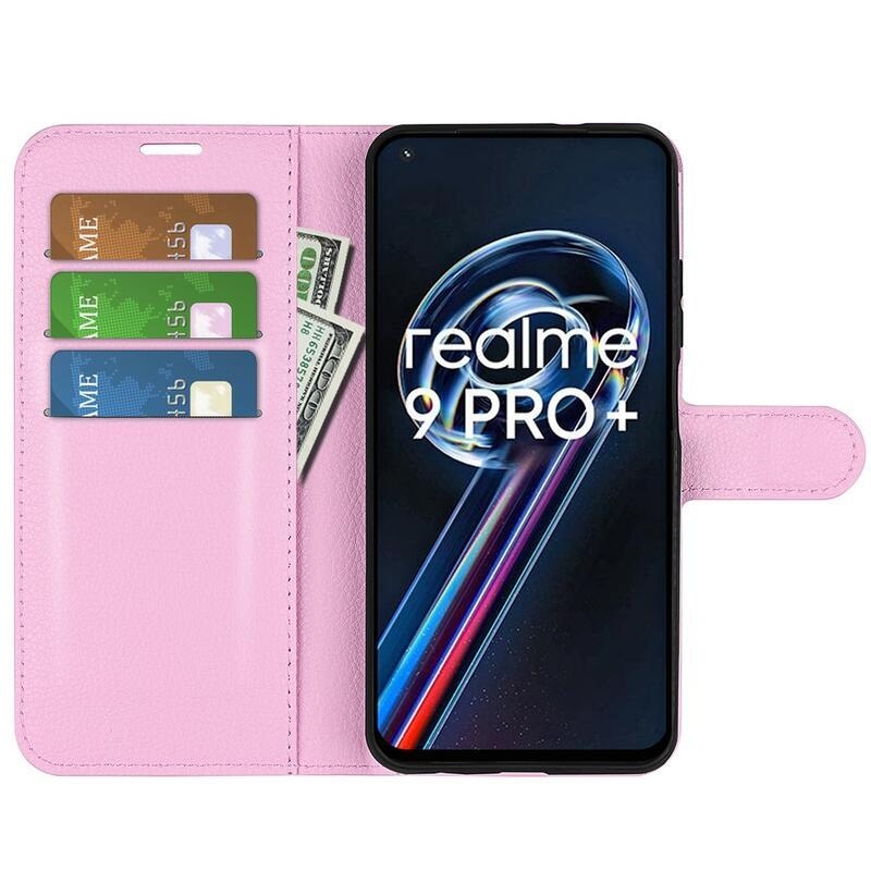 Litchi PU kožené peněženkové pouzdro na mobil Realme 9 Pro+ 5G - růžové