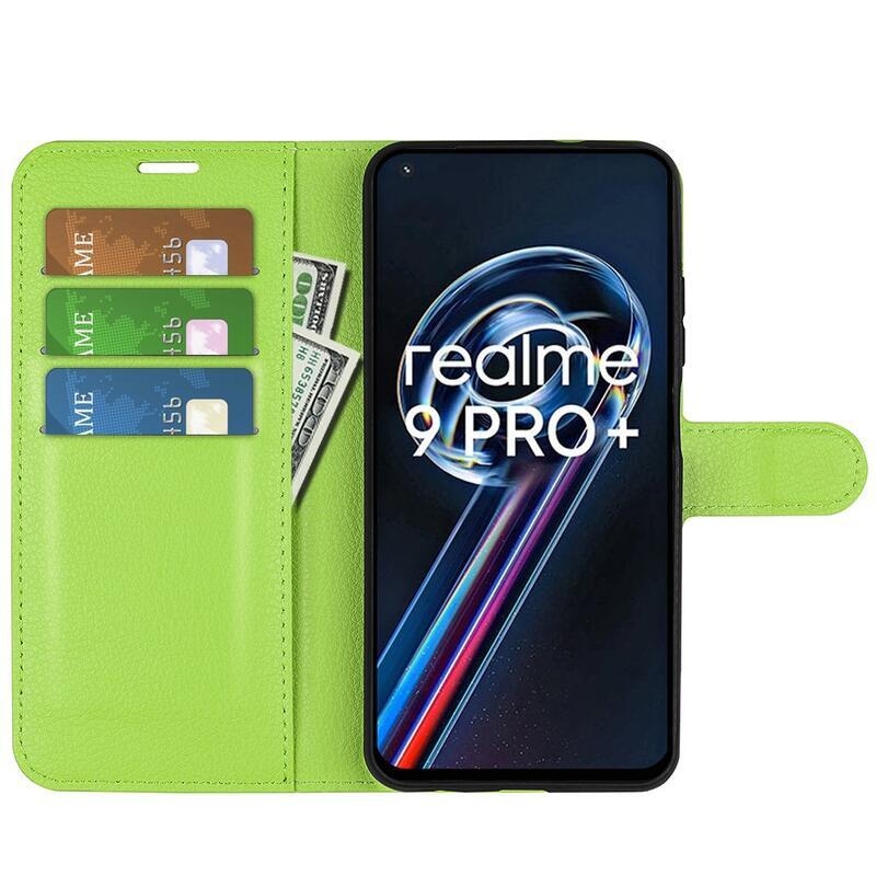 Litchi PU kožené peněženkové pouzdro na mobil Realme 9 Pro+ 5G - zelené