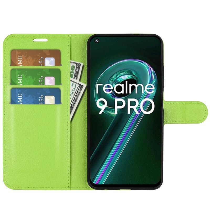 Litchi PU kožené peňaženkové púzdro na mobil Realme 9 Pro 5G - zelené