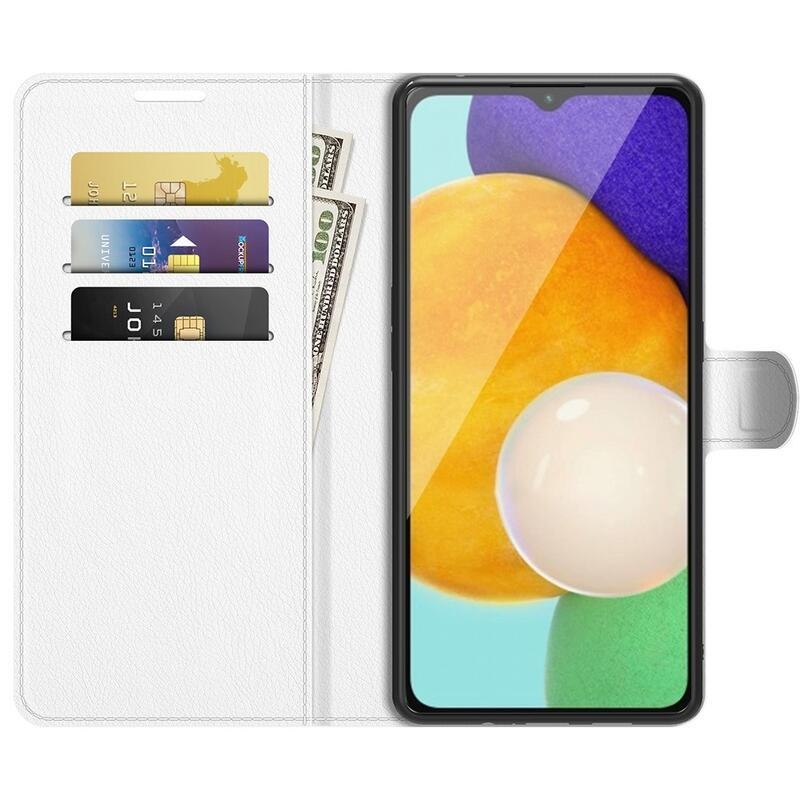 Litchi PU kožené peňaženkové púzdro na mobil Samsung Galaxy A13 5G/Galaxy A04s (164.7 x 76.7 x 9.1 mm) - biele