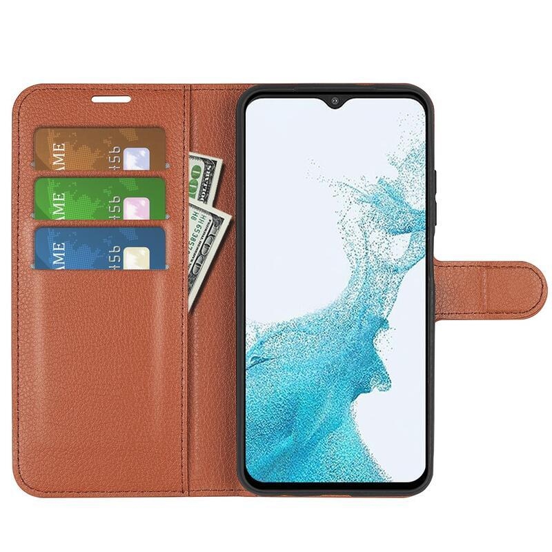 Litchi PU kožené peňaženkové púzdro na mobil Samsung Galaxy A23 4G/5G - hnedé