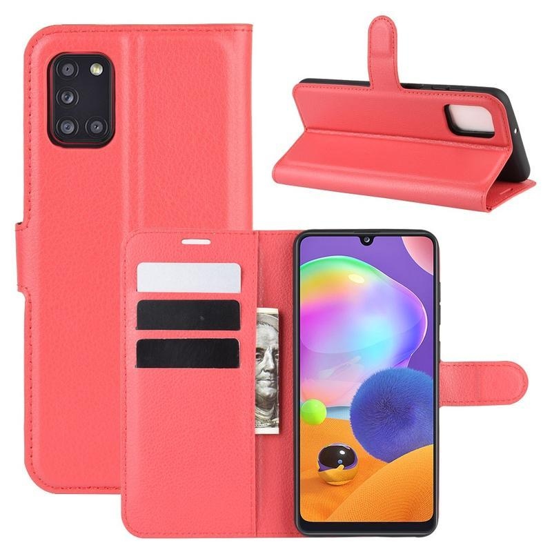 Litchi PU kožené peněženkové puzdro na mobil Samsung Galaxy A31 - červené