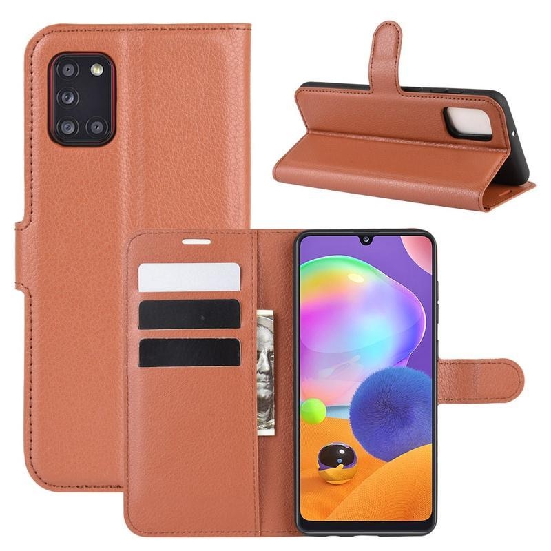 Litchi PU kožené peněženkové puzdro na mobil Samsung Galaxy A31 - hnedé