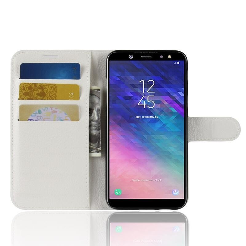 Litchi PU kožené peněženkové puzdro na mobil Samsung Galaxy A6 (2018) - biele