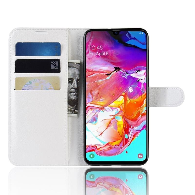 Litchi PU kožené peněženkové puzdro na mobil Samsung Galaxy A70 - biele