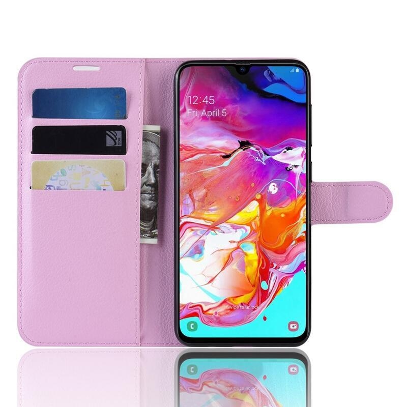 Litchi PU kožené peněženkové puzdro na mobil Samsung Galaxy A70 - ružové