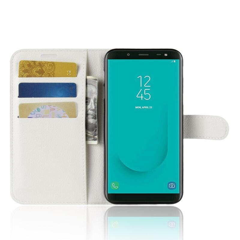 Litchi PU kožené peněženkové puzdro na mobil Samsung Galaxy J6 (2018) - biele