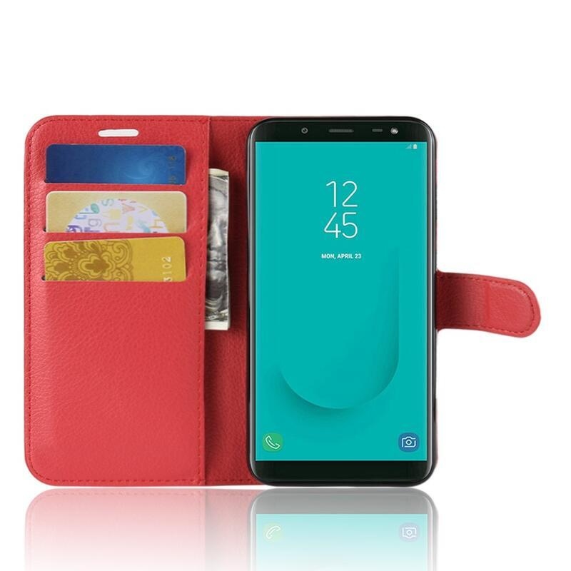 Litchi PU kožené peněženkové puzdro na mobil Samsung Galaxy J6 (2018) - červené