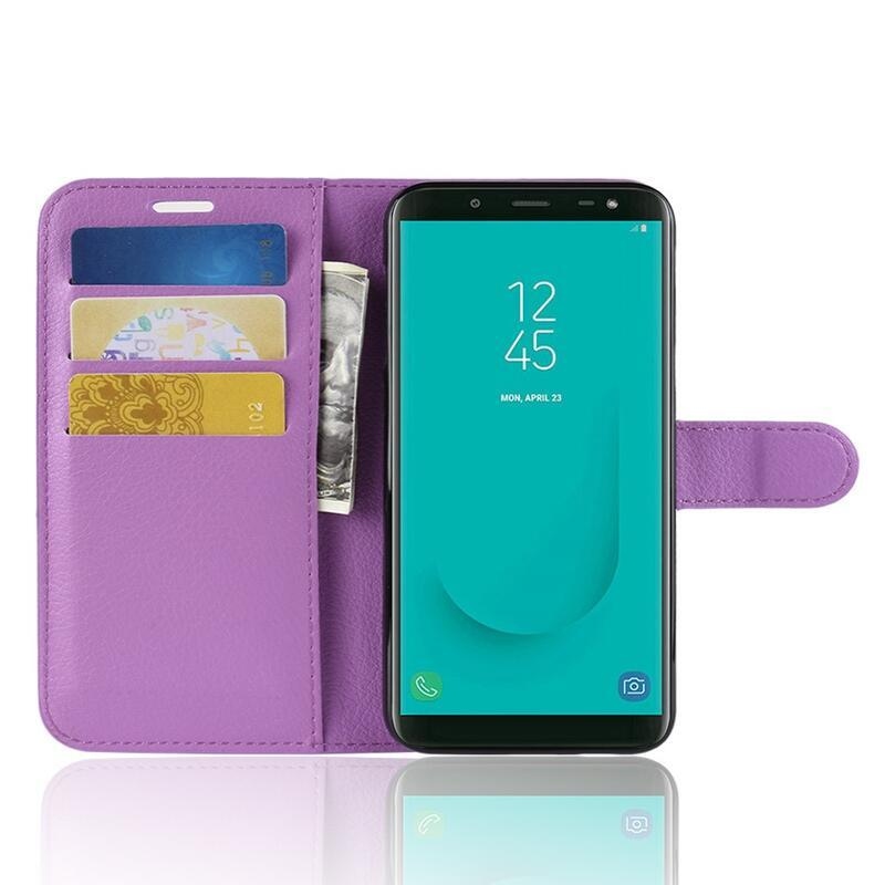 Litchi PU kožené peněženkové puzdro na mobil Samsung Galaxy J6 (2018) - fialové