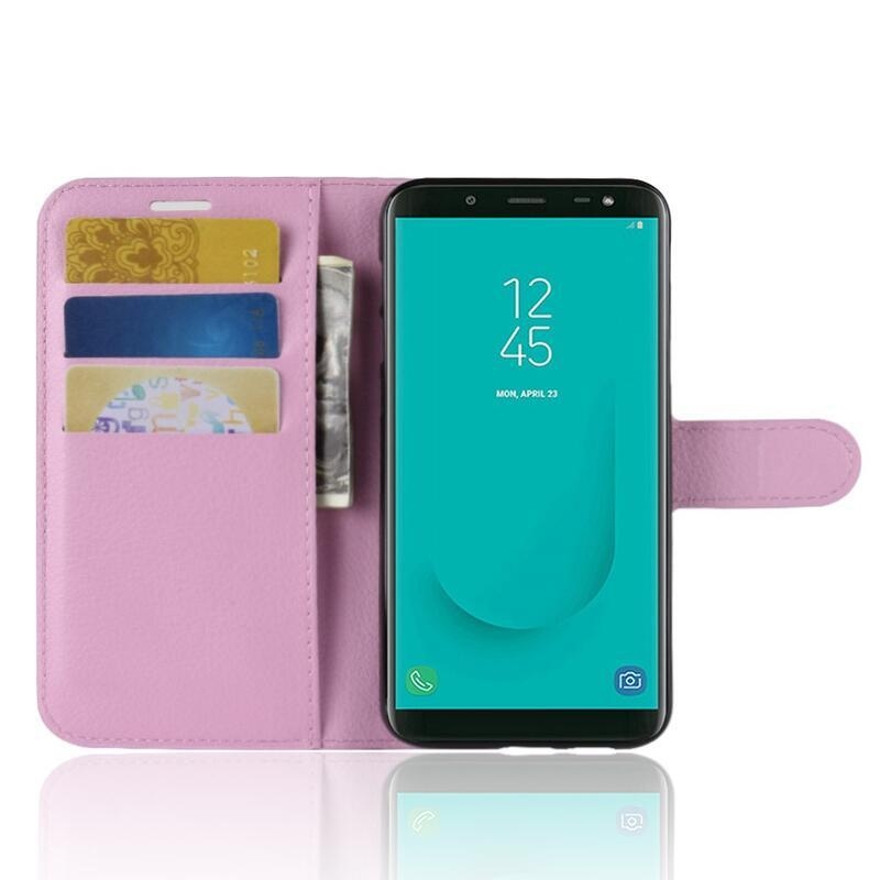 Litchi PU kožené peněženkové puzdro na mobil Samsung Galaxy J6 (2018) - ružové