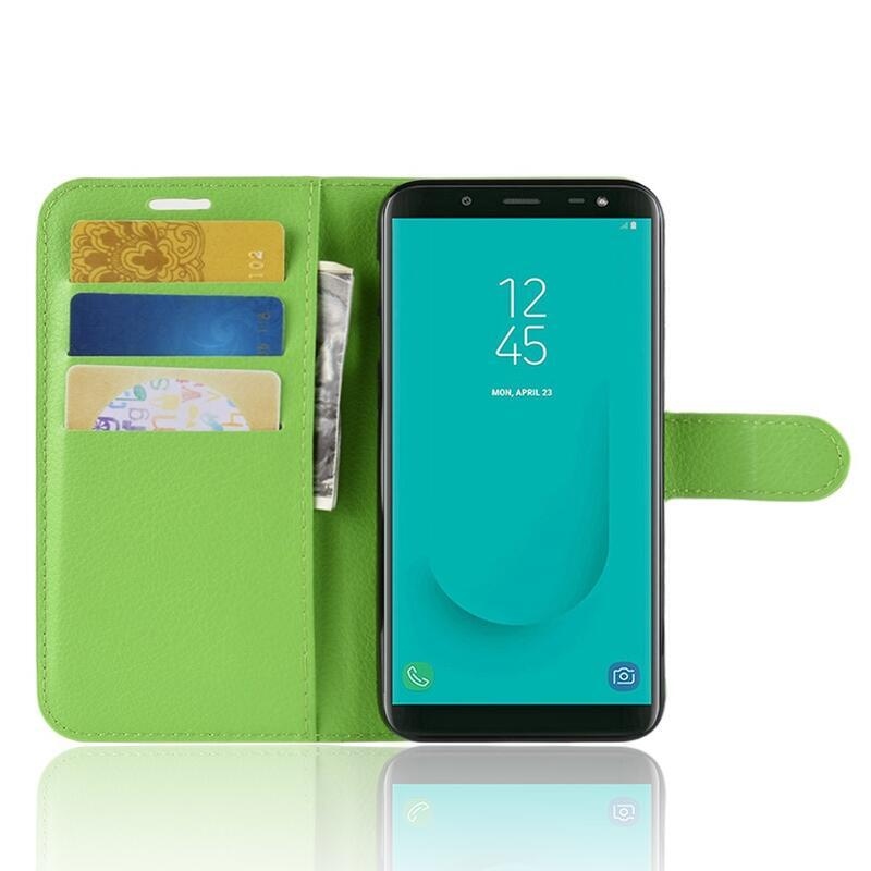 Litchi PU kožené peněženkové puzdro na mobil Samsung Galaxy J6 (2018) - zelené