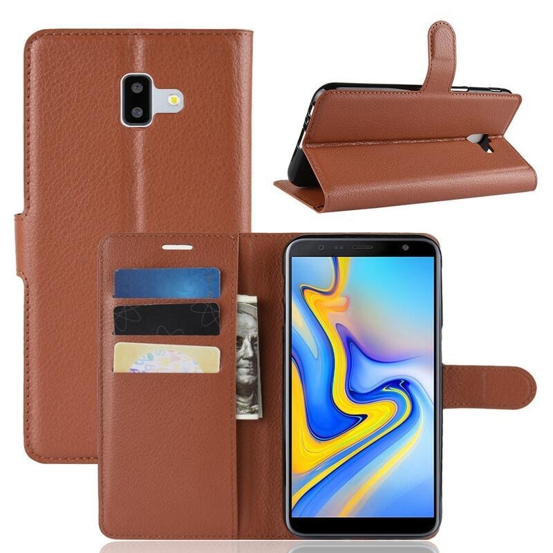 Litchi PU kožené peněženkové puzdro na mobil Samsung Galaxy J6 Plus - hnedé