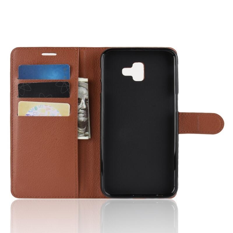 Litchi PU kožené peněženkové puzdro na mobil Samsung Galaxy J6 Plus - hnedé