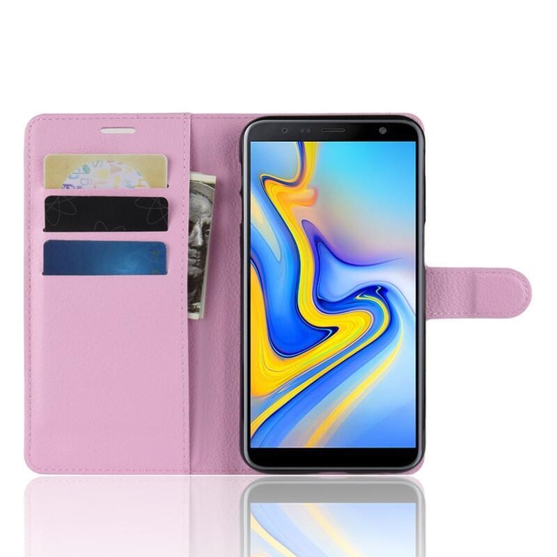 Litchi PU kožené peněženkové puzdro na mobil Samsung Galaxy J6 Plus - ružové