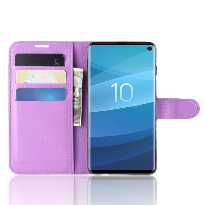 Litchi PU kožené peněženkové puzdro na mobil Samsung Galaxy S10 - fialové