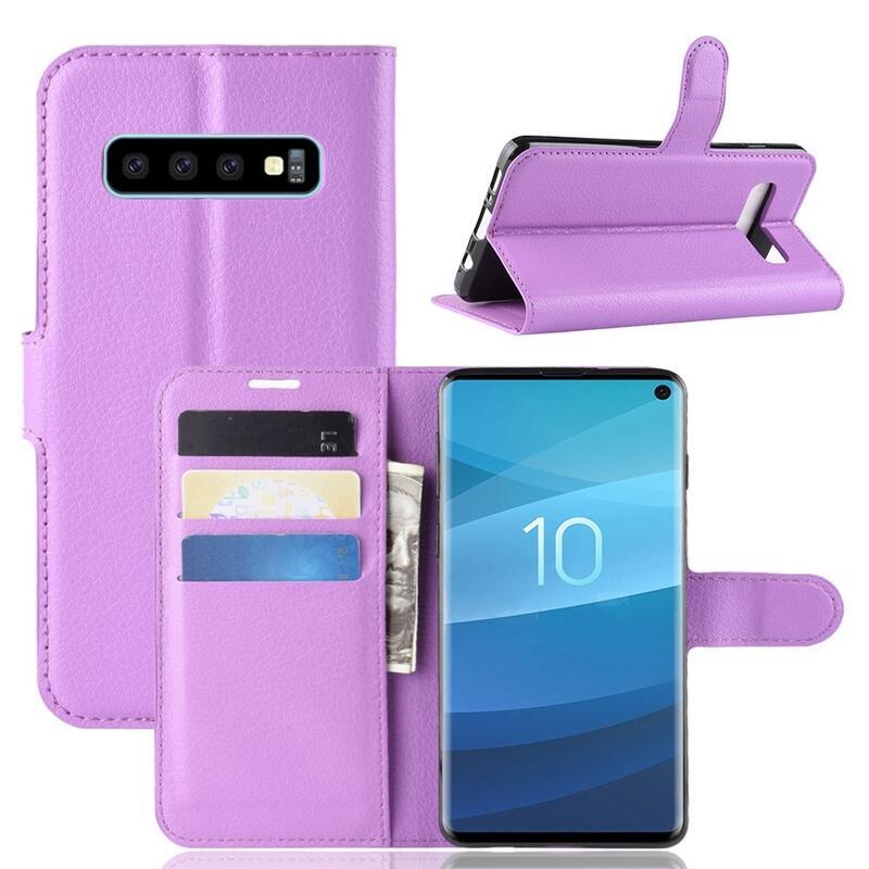 Litchi PU kožené peněženkové puzdro na mobil Samsung Galaxy S10 - fialové