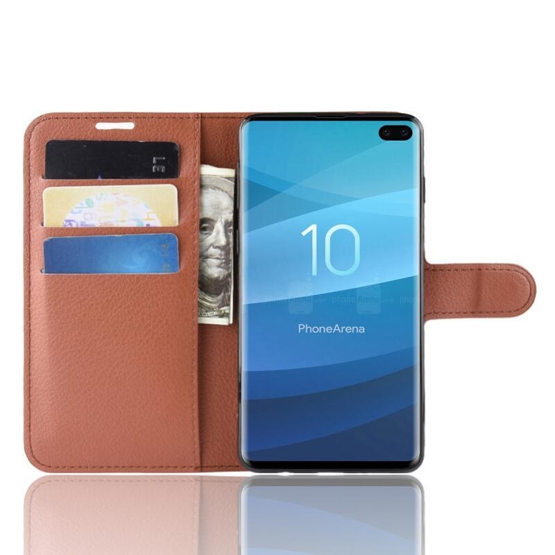Litchi PU kožené peněženkové puzdro na mobil Samsung Galaxy S10 plus - hnedé
