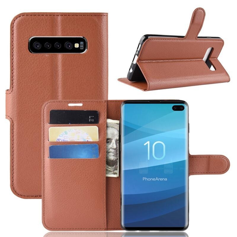 Litchi PU kožené peněženkové puzdro na mobil Samsung Galaxy S10 plus - hnedé