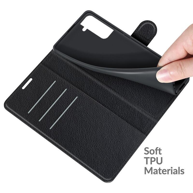 Litchi PU kožené peňaženkové púzdro na mobil Samsung Galaxy S22+ 5G - čierne