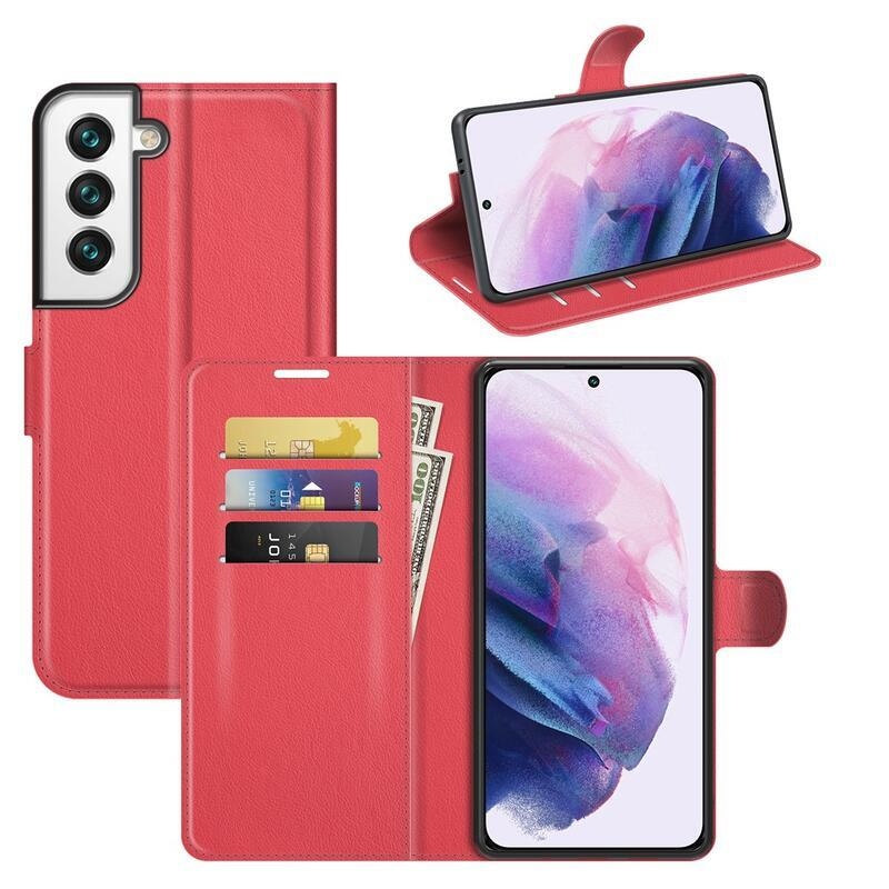 Litchi PU kožené peňaženkové púzdro na mobil Samsung Galaxy S22+ 5G - červené