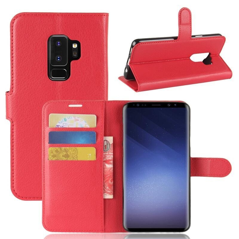 Litchi PU kožené peněženkové puzdro na mobil Samsung Galaxy S9 + - červené