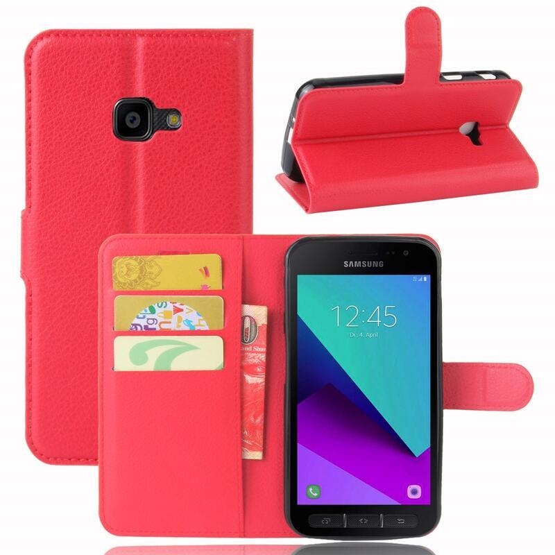 Litchi PU kožené peněženkové puzdro na mobil Samsung Galaxy Xcover 4 / 4S - červené