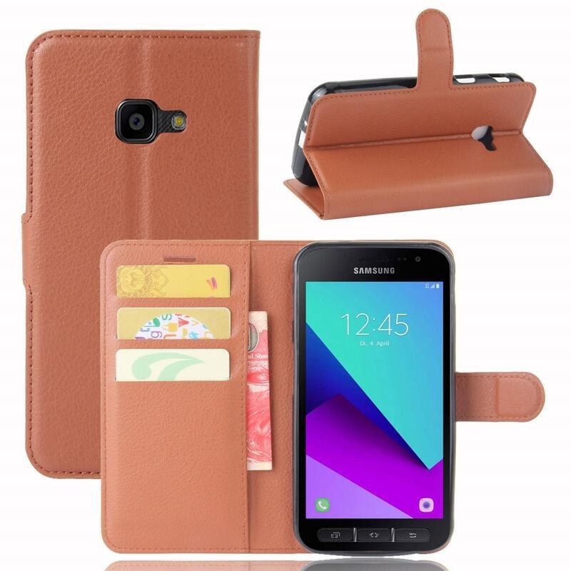 Litchi PU kožené peněženkové puzdro na mobil Samsung Galaxy Xcover 4 / 4S - hnedé