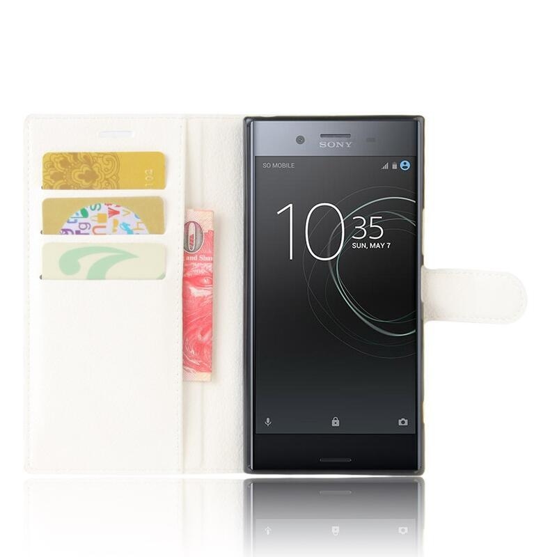 Litchi PU kožené peněženkové puzdro na mobil Sony Xperia XZ Premium - biele